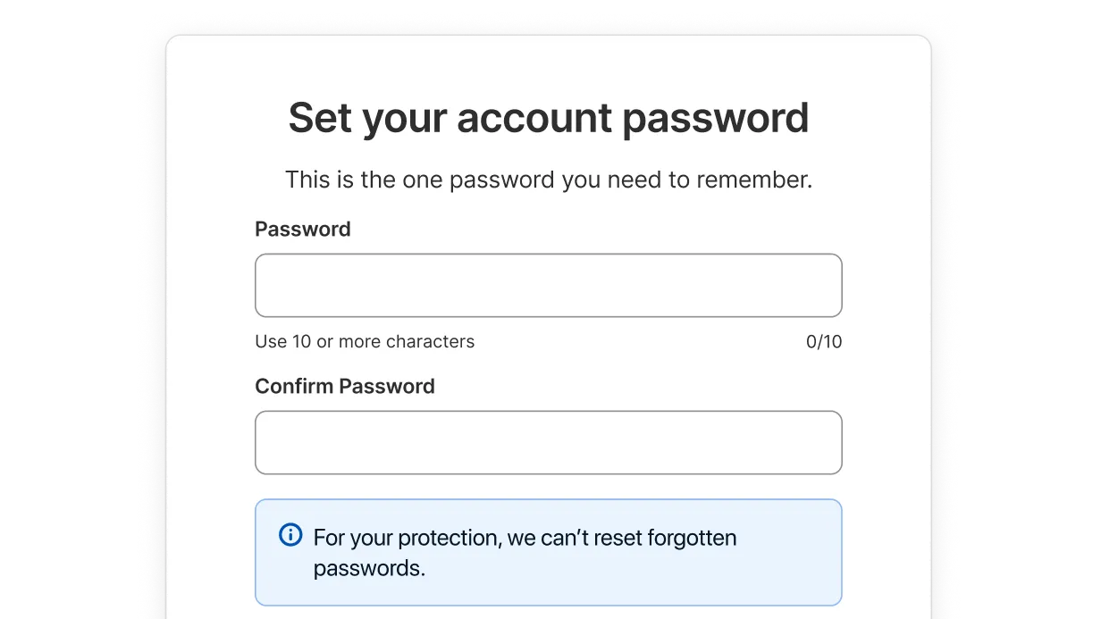 Account setup screen prompting the user to set and confirm an account password.