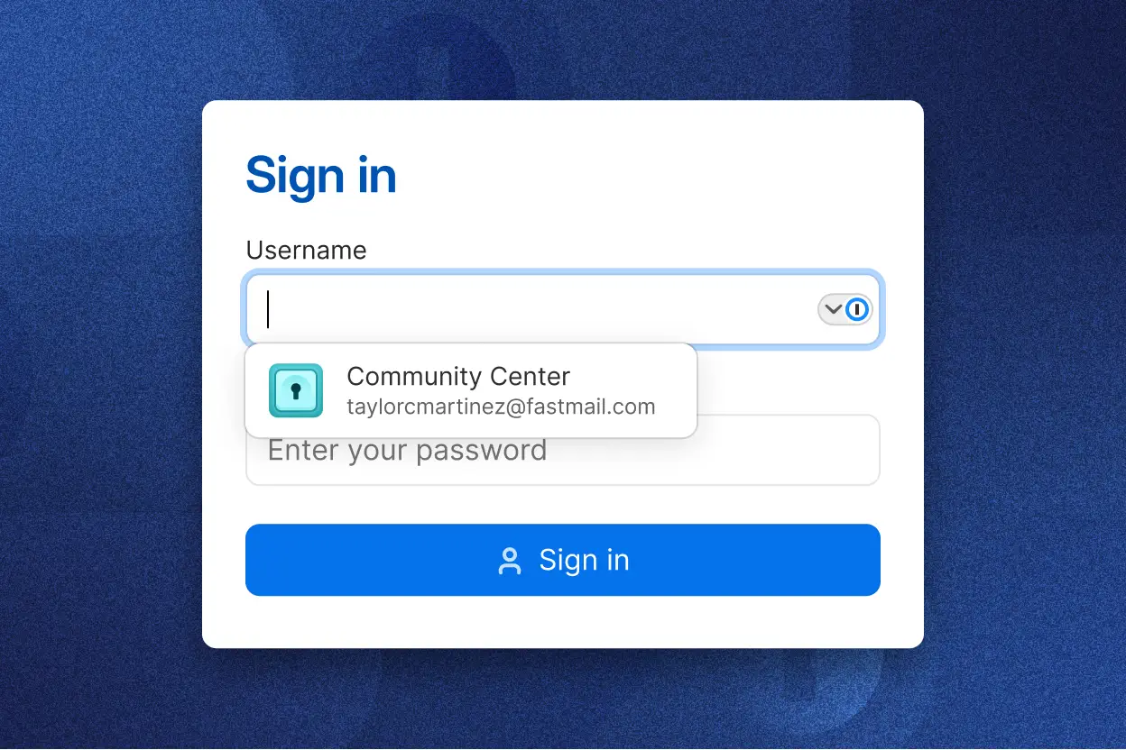 Notre page de connexion, avec les champs destinés au nom de l'utilisateur et à son mot de passe. Le champ du nom d'utilisateur est rempli et, pour celui du mot de passe, un menu déroulant s’affiche, dans lequel 1Password suggère un mot de passe et propose de le saisir automatiquement. Un bouton marqué « connexion » est aussi visible en dessous du champ destiné au mot de passe.