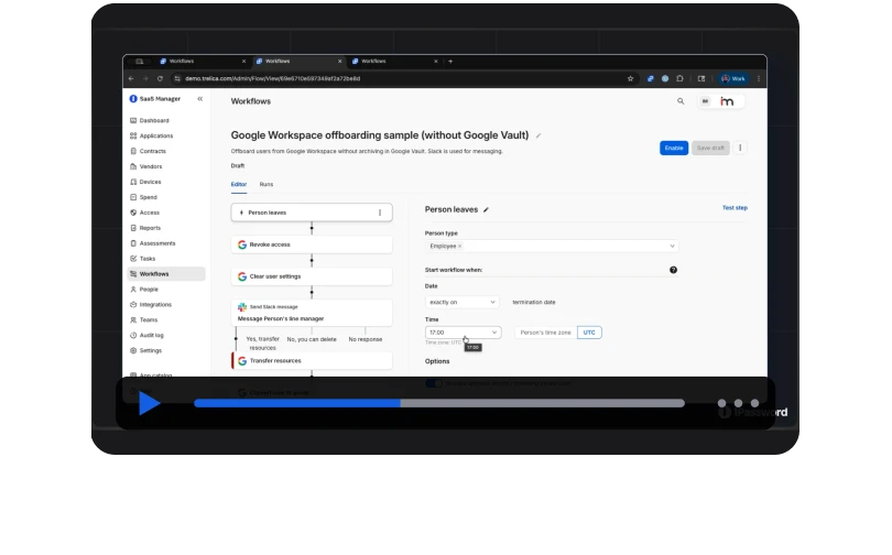 Workflow orchestration builder automating Google Workspace offboarding for departing employees.