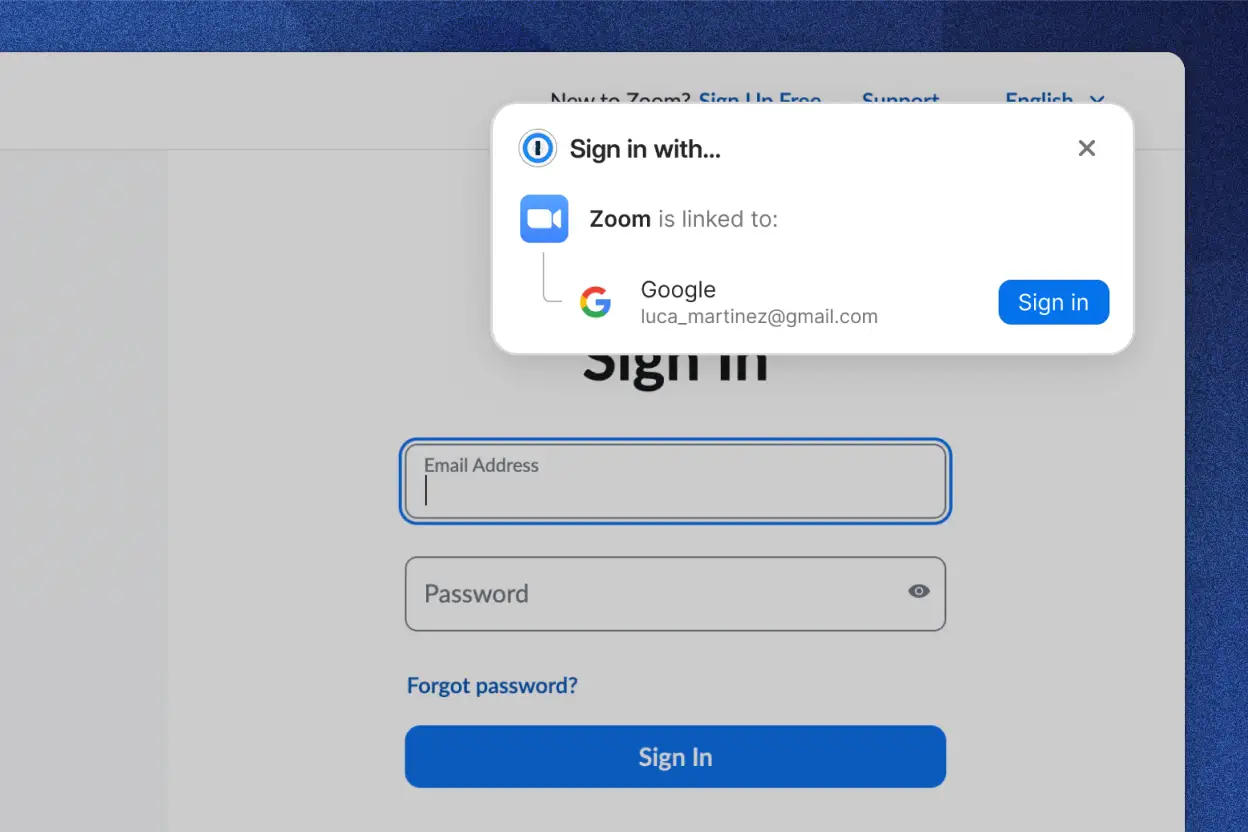 La page de connexion Zoom avec une fenêtre contextuelle 1Password intitulée « Se connecter avec... » indique que Zoom est lié à un compte Google. La fenêtre contextuelle inclut un bouton « Connexion » pour continuer avec le compte Google.