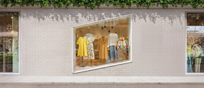 Vista exterior de una boutique de ropa con un gran escaparate en el que se exhiben prendas, donde el marco de la ventana forma el logotipo paralelogramo de Stripe.