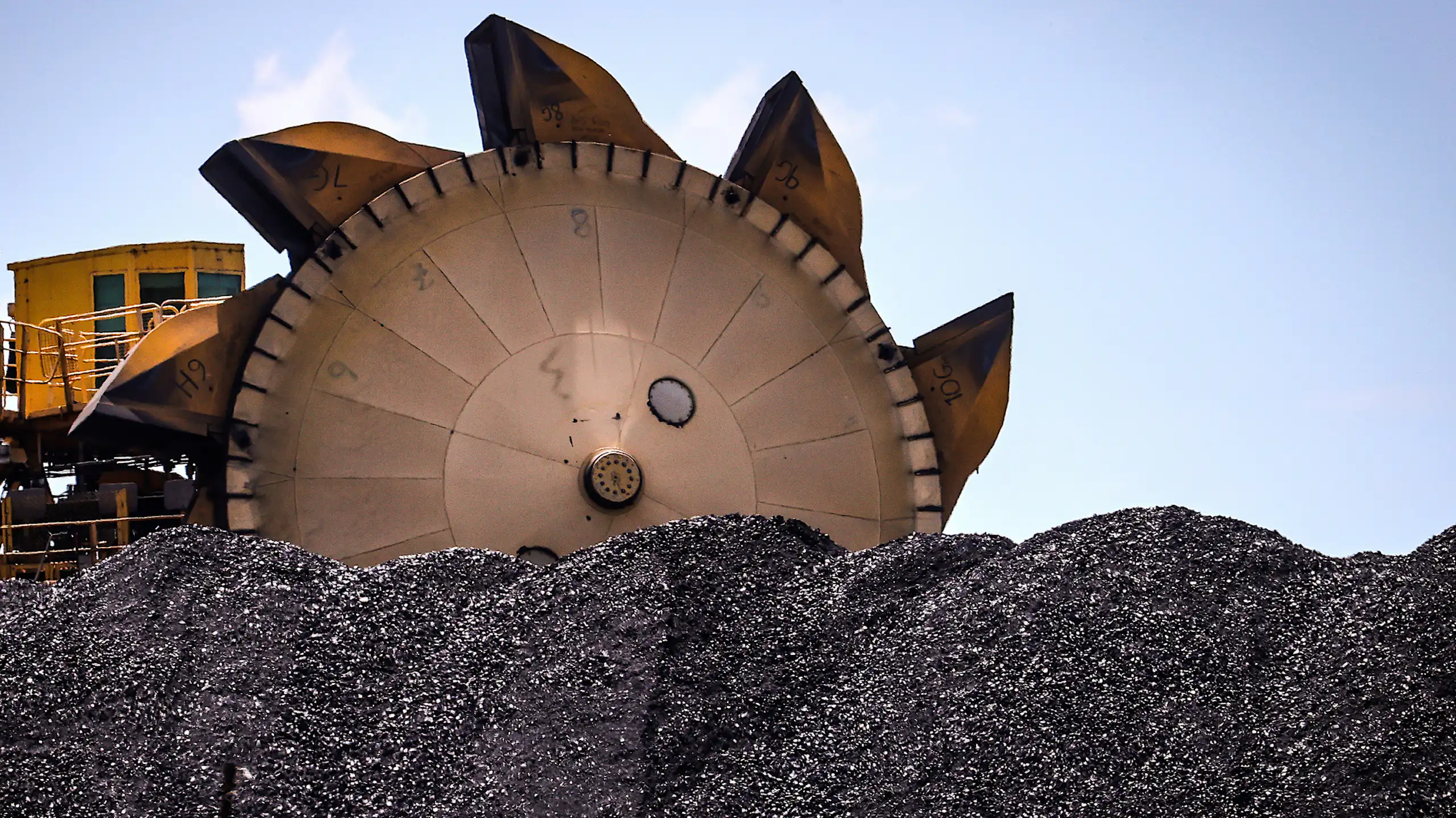An excavator on a pile of coal at the Port of Newcastle.