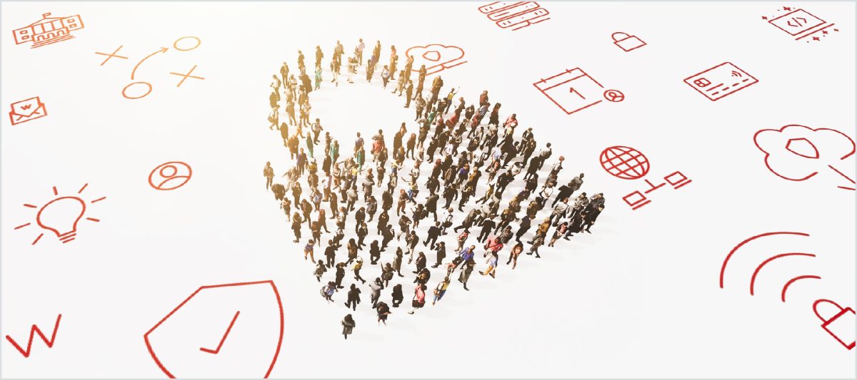 People forming the shape of a secured lock with tech icons