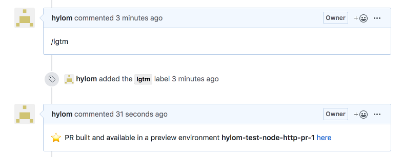 図13 「/lgtm」というコメントが投稿されると、Jenkins Xはプレビュー用の環境内にプルリクエストをマージしてデプロイを行う。ここで「here」リンクをクリックするとそのPodにアクセスできる