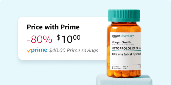Prime savings Amazon pharmacy bottle with price card which shows 80% Prime savings off of the retail price