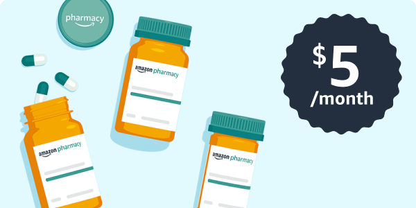 RxPass Illustration of 3 amazon Pharmacy bottles and a burst showing that they cost a total of $5 a month