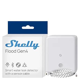 Shelly Flood Gen4, WiFi, Bluetooth, Zigbee, Matter Smart Flood Sensor with Leak Sensor Cable, Alexa, SmartThings, Google Home, Apple HomeKit Compatible, Flood and Rain Detection, Easy to Use, IP44