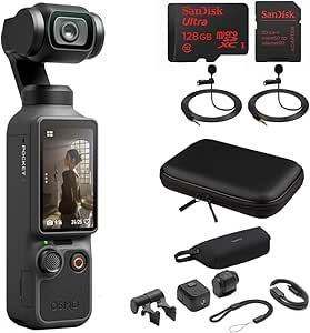 DJI Osmo Pocket 4 Standard Combo 1" CMOS 4K/240fps 3-Axis Gimbal Camera 107GB Bundle with Sandisk microSDXC 128GB Card + 2X Deco Essentials Clip-On Mini Lapel Mic + Deco Gear Hard Shell EVA 10" Case