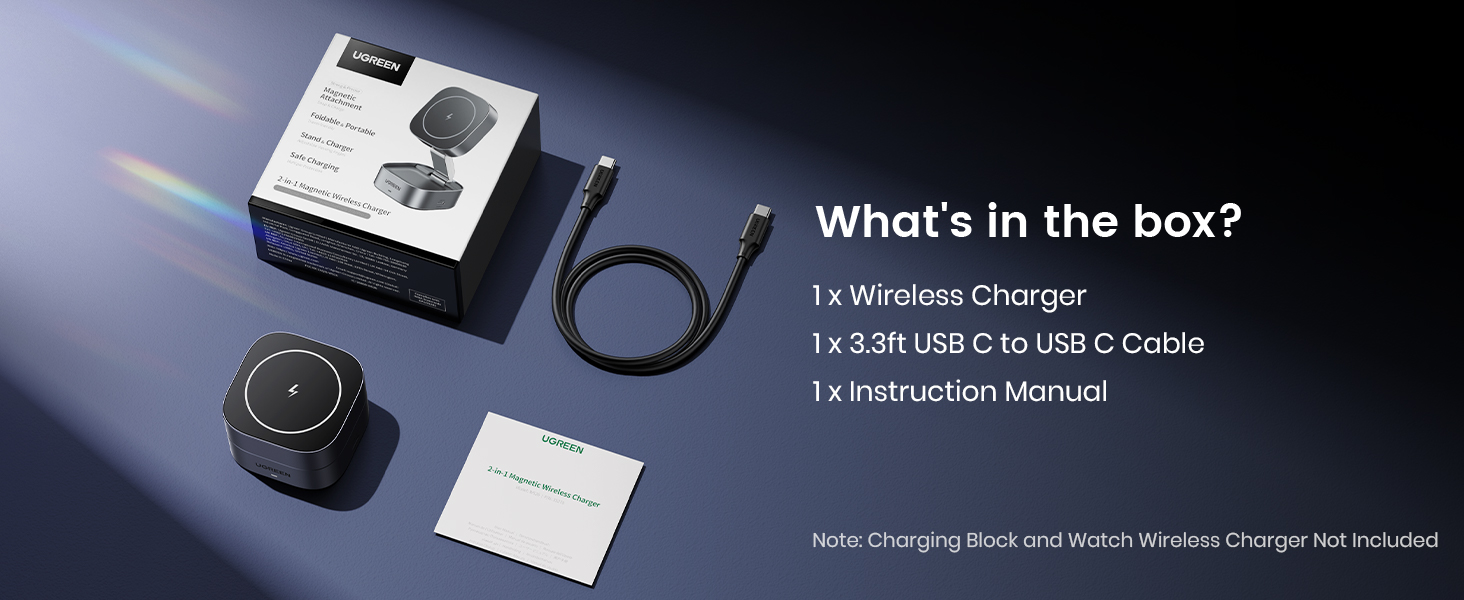 Contents of UGREEN MagFlow 2-in-1 Wireless Charger box including magnetic, magsafe compatible charger, a USB-C charging cable, and instruction manual, supporting Qi2 15W wireless charging for convenient and fast charging.