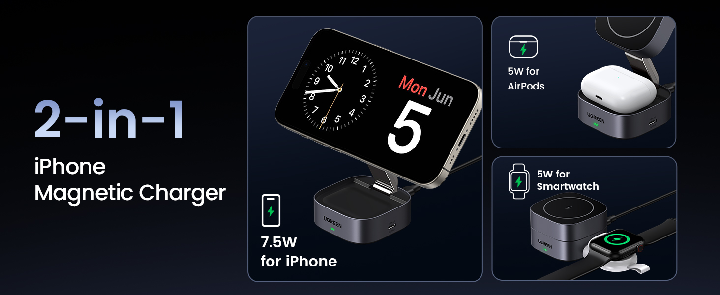 UGREEN MagFlow 2-in-1 Wireless Charger for Apple devices, fully magsafe compatible, delivering Qi2 15W wireless charging for iPhone and 5W charging for AirPods with a strong magnetic alignment for secure and efficient dual-device charging.