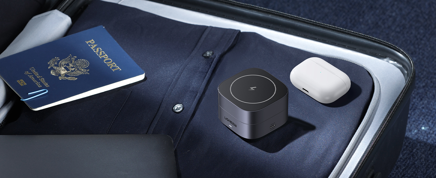 UGREEN MagFlow 2-in-1 Wireless Charger with magnetic design, magsafe compatible and Qi2 15W wireless charging, featuring a compact and space-saving foldable design ideal for travel and desk use.