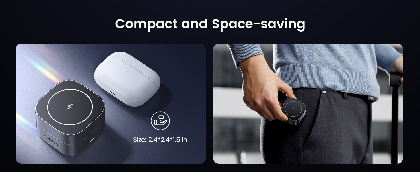UGREEN MagFlow 2-in-1 Wireless Charger with magnetic design, magsafe compatible and Qi2 15W wireless charging, featuring a compact and space-saving foldable design ideal for travel and desk use.