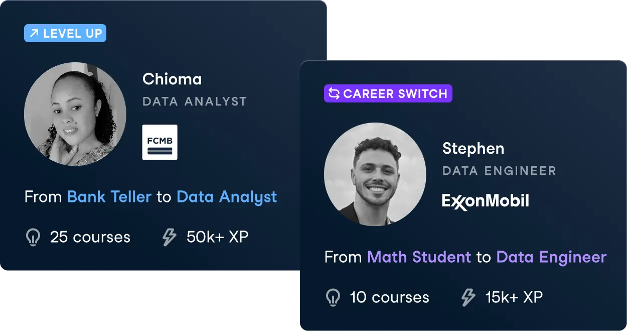 Two DataCamp success stories: Chioma (FCMB) and Stephen (ExxonMobil) became Data Engineers through online courses, earning 50K+ and 15K+ XP, respectively.