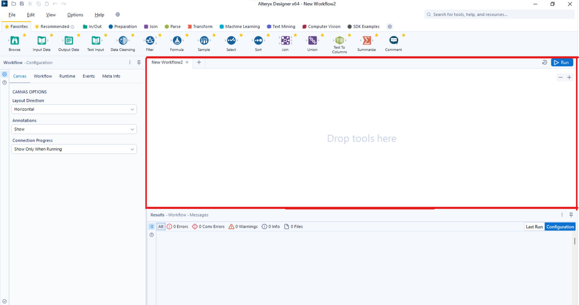The Alteryx Workflow Canvas is marked in red