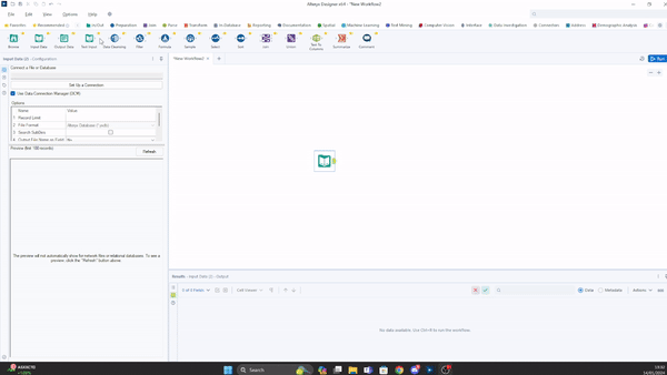 Connecting a tool; note this raises an error with the Input Data tool because no input data was defined.