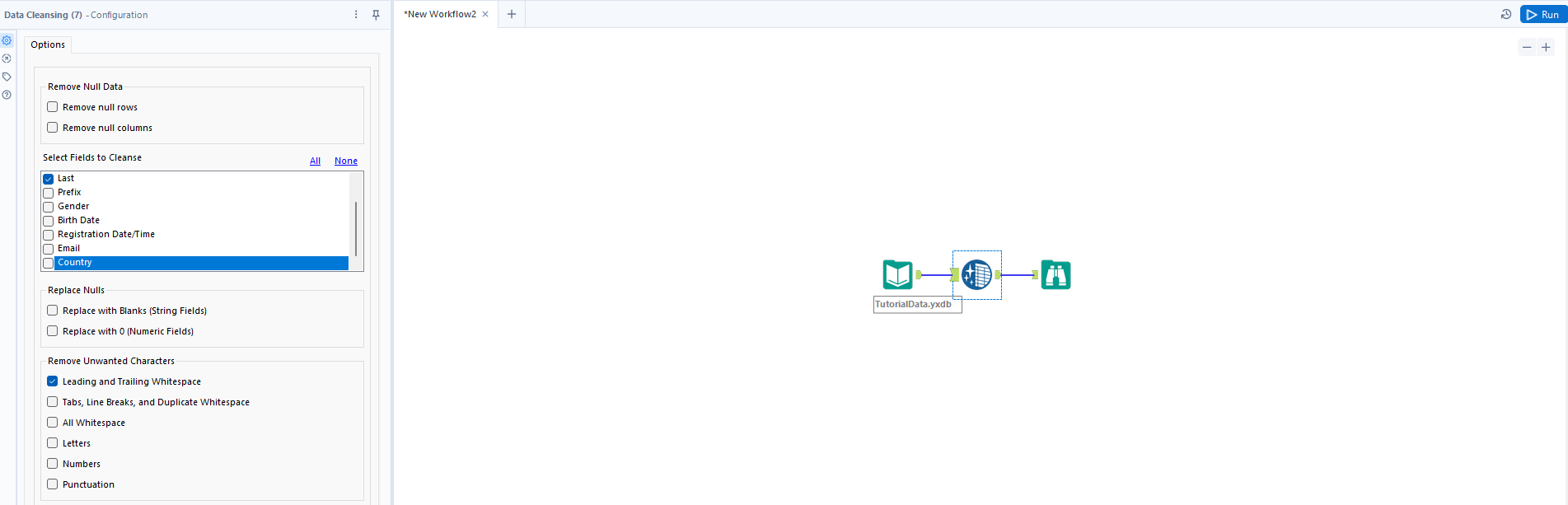 The configuration for the Data Cleansing tool