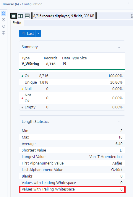 Checking values with trailing whitespace after execution