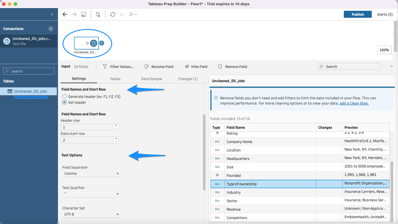 Open dataset and update file parameter settings in Tableau Prep Builder.