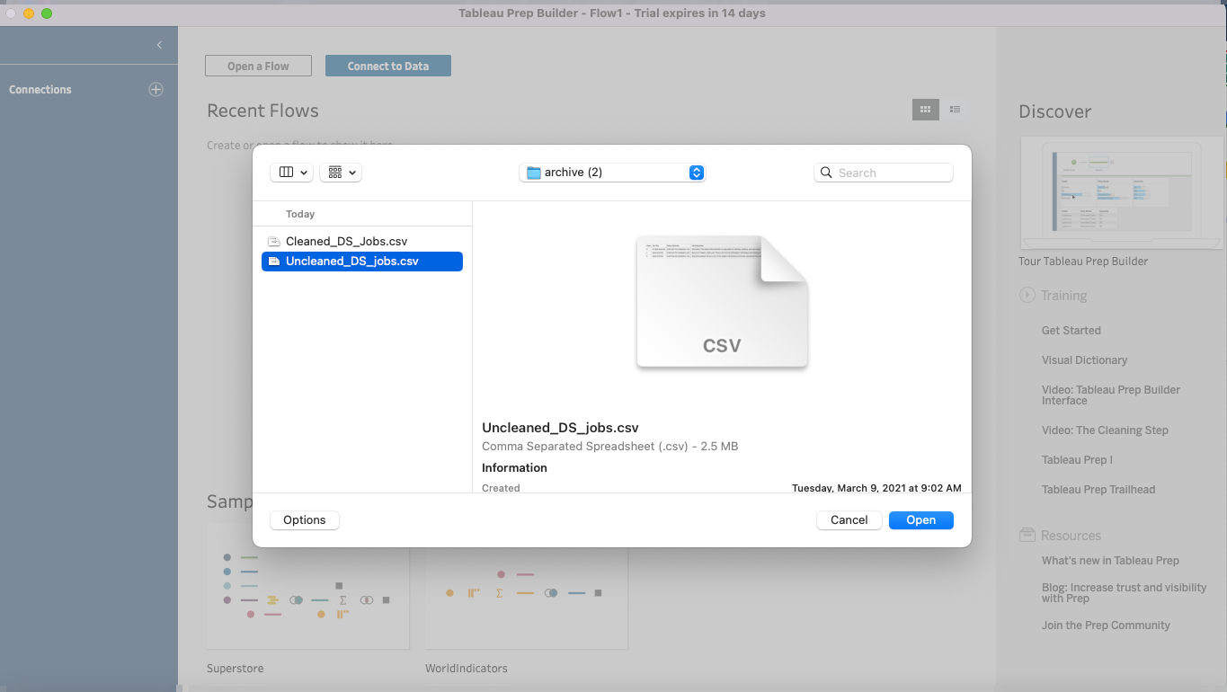 Screenshot of Tableau Prep Builder. Opening a Text File via Connections.