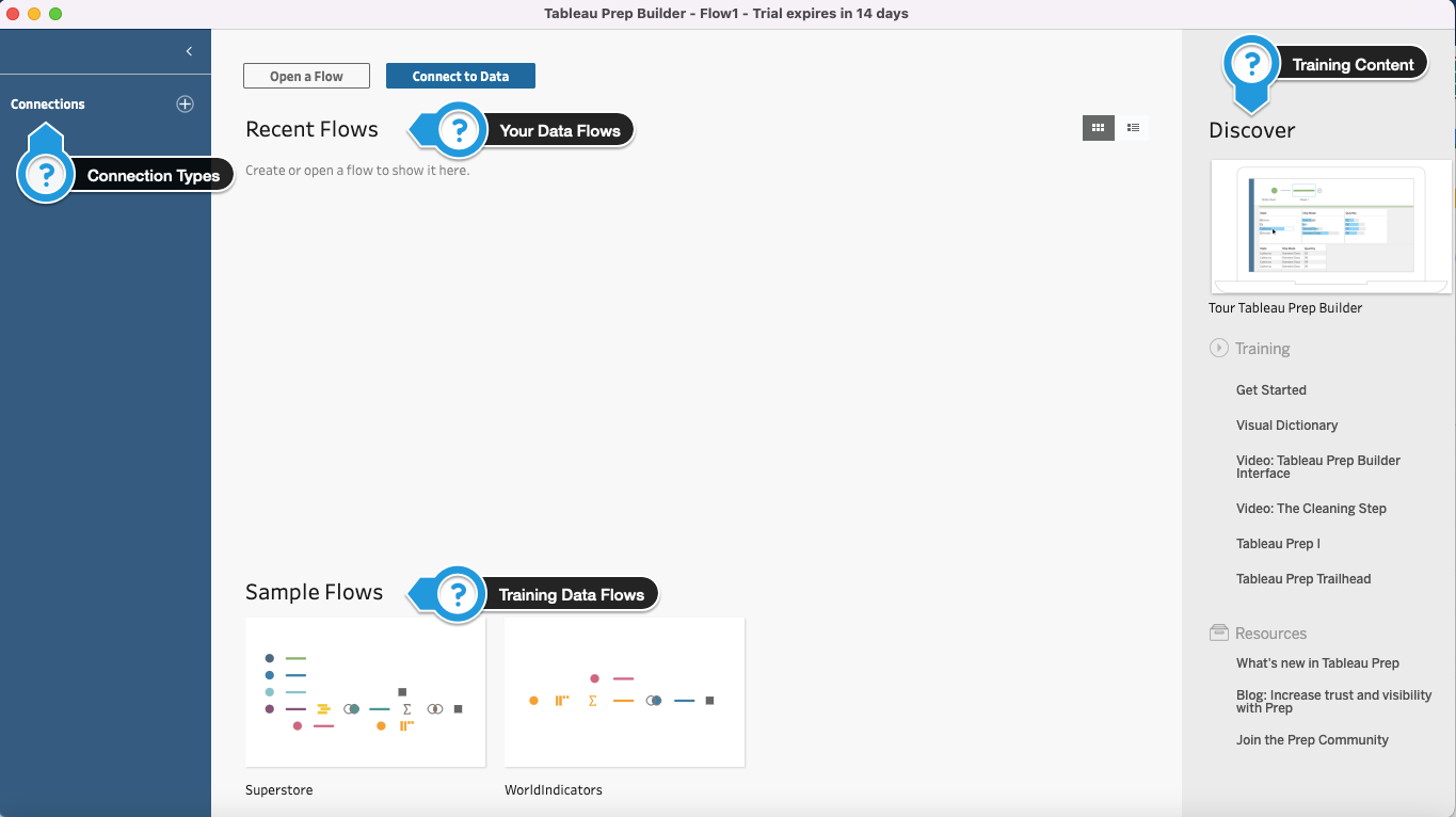Tableau Prep Builder - Initial Screen