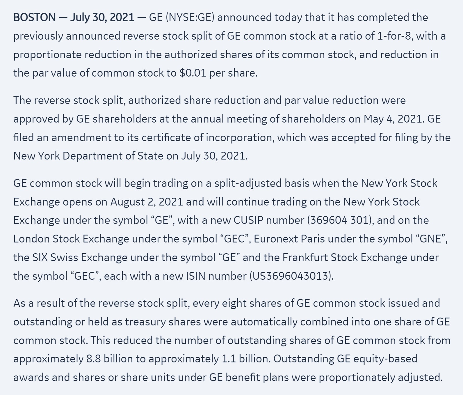 General Electric (GE) Stock Split
