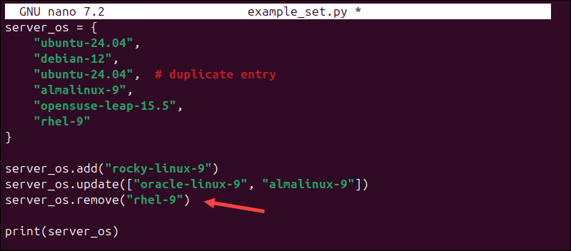 Removing an item from a Python set.