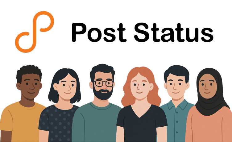 Illustration showing the PostStatus.com logo with and black text above six diverse people standing side by side, including men and women of different ethnicities and appearances, such as a woman in a hijab, a man with glasses and beard, and others with varied skin tones and hairstyles.