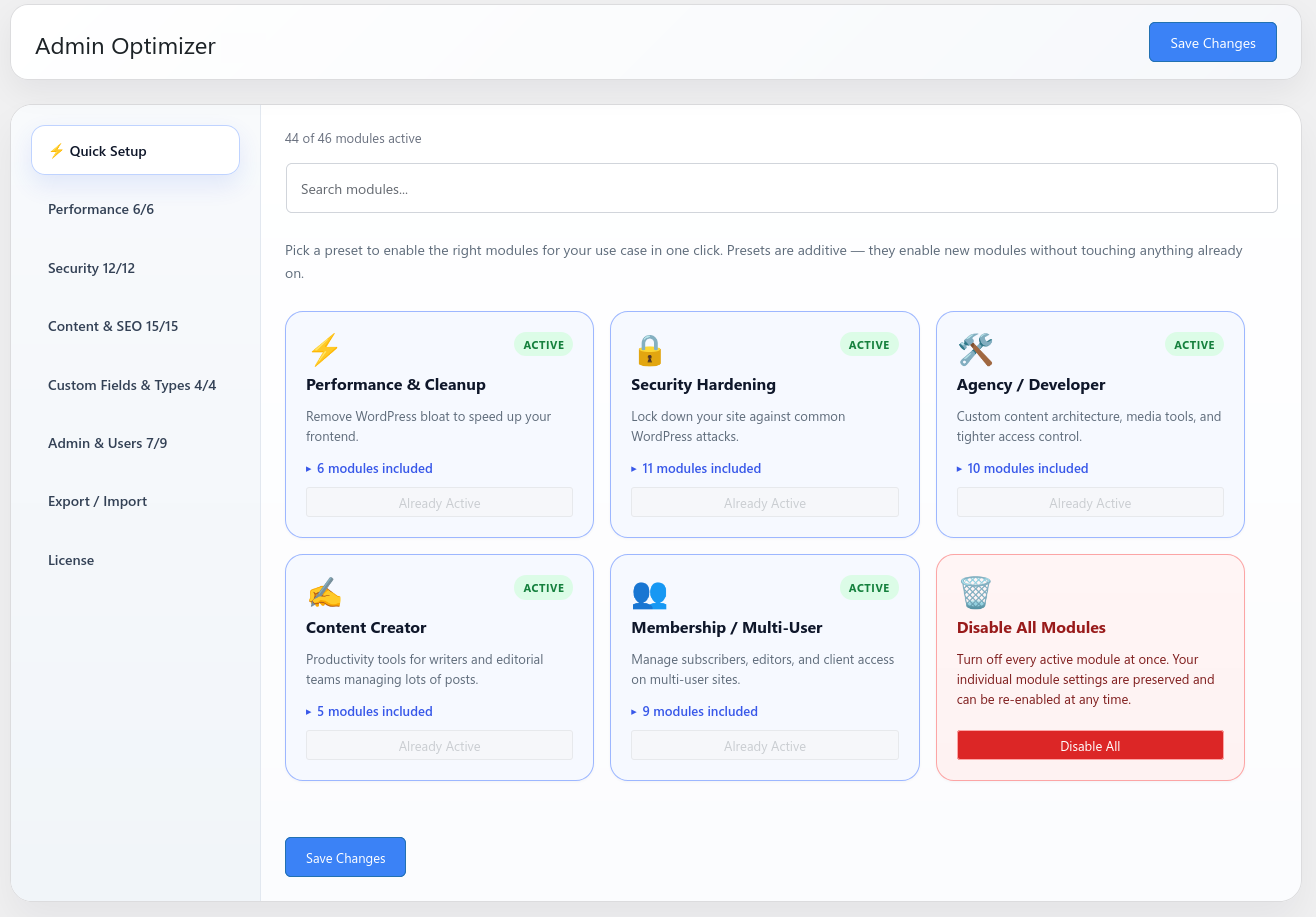 Quick Setup Page