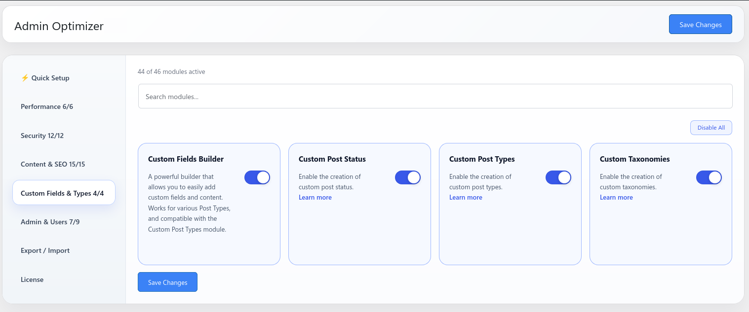 Custom Fields & Post Types Settings