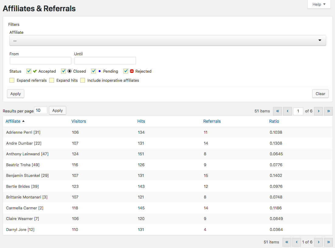 Affiliates & Referrals - Per-affiliate view for the Affiliate Manager, provides information about visits and referrals generated through affiliate links.