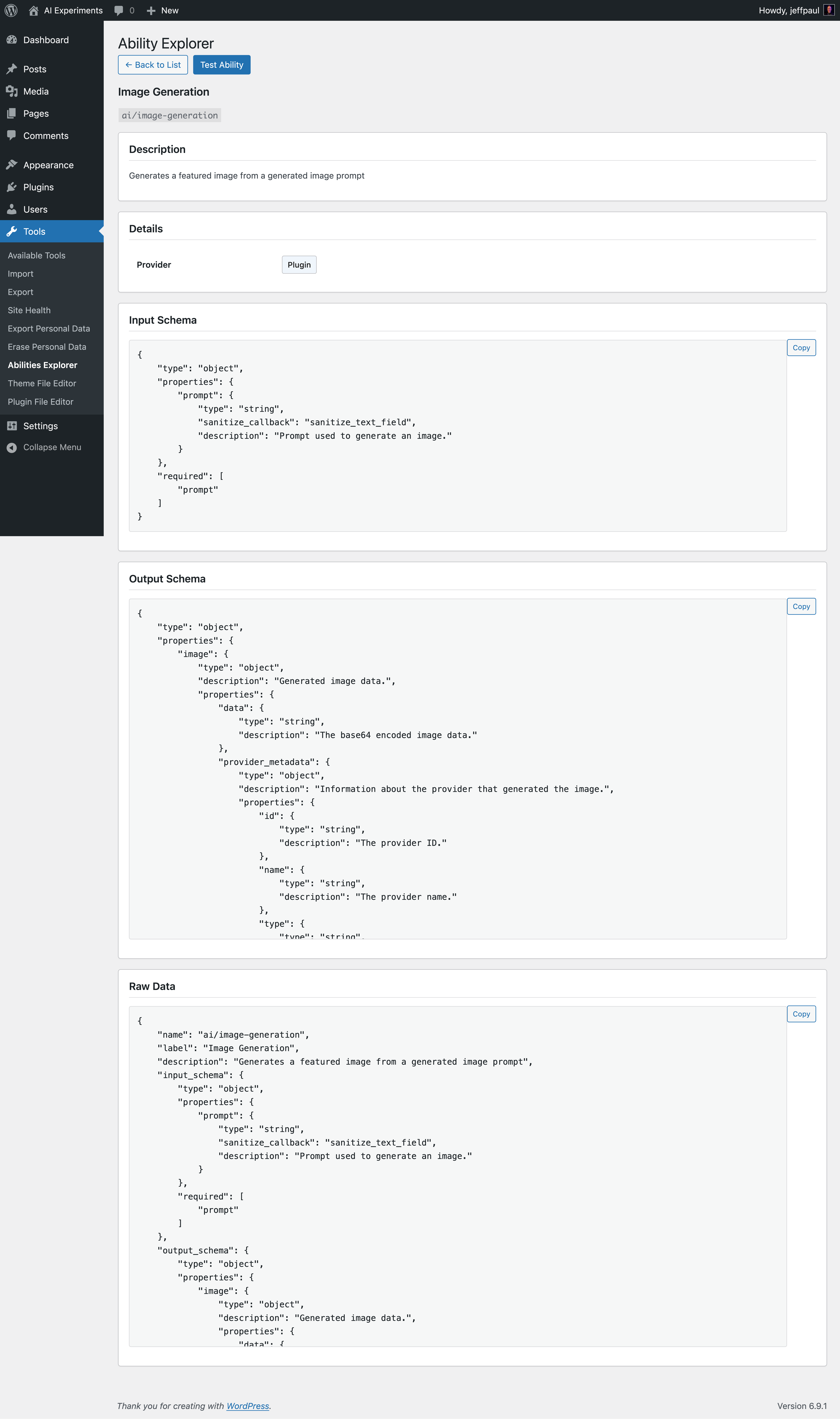 Abilities Explorer's view details screen showing an IA ability’s description, provider, input schema, output schema, and raw data.
