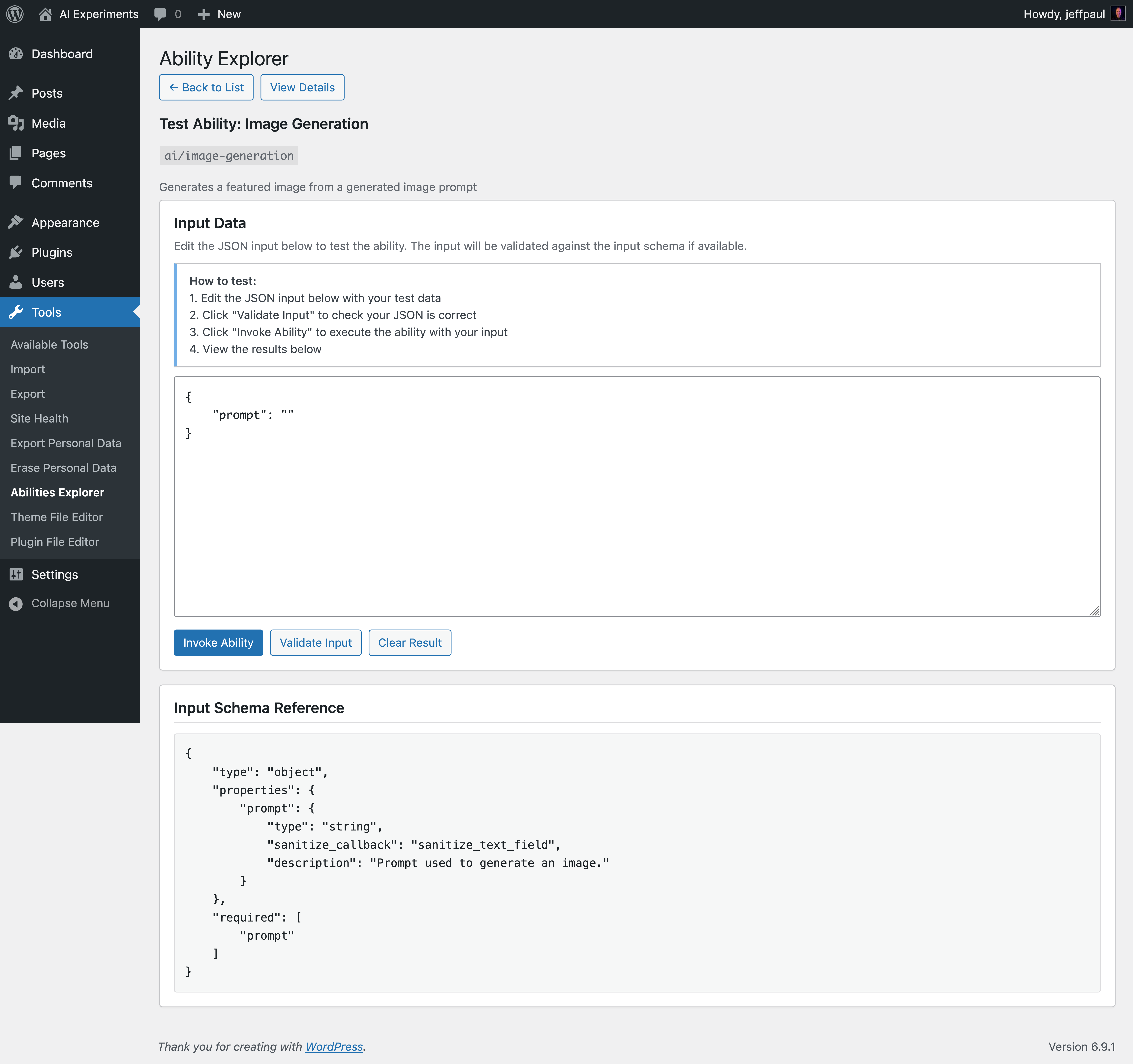 Abilities Explorer's test ability screen showing JSON input data, validation, and input schema reference for an IA ability.