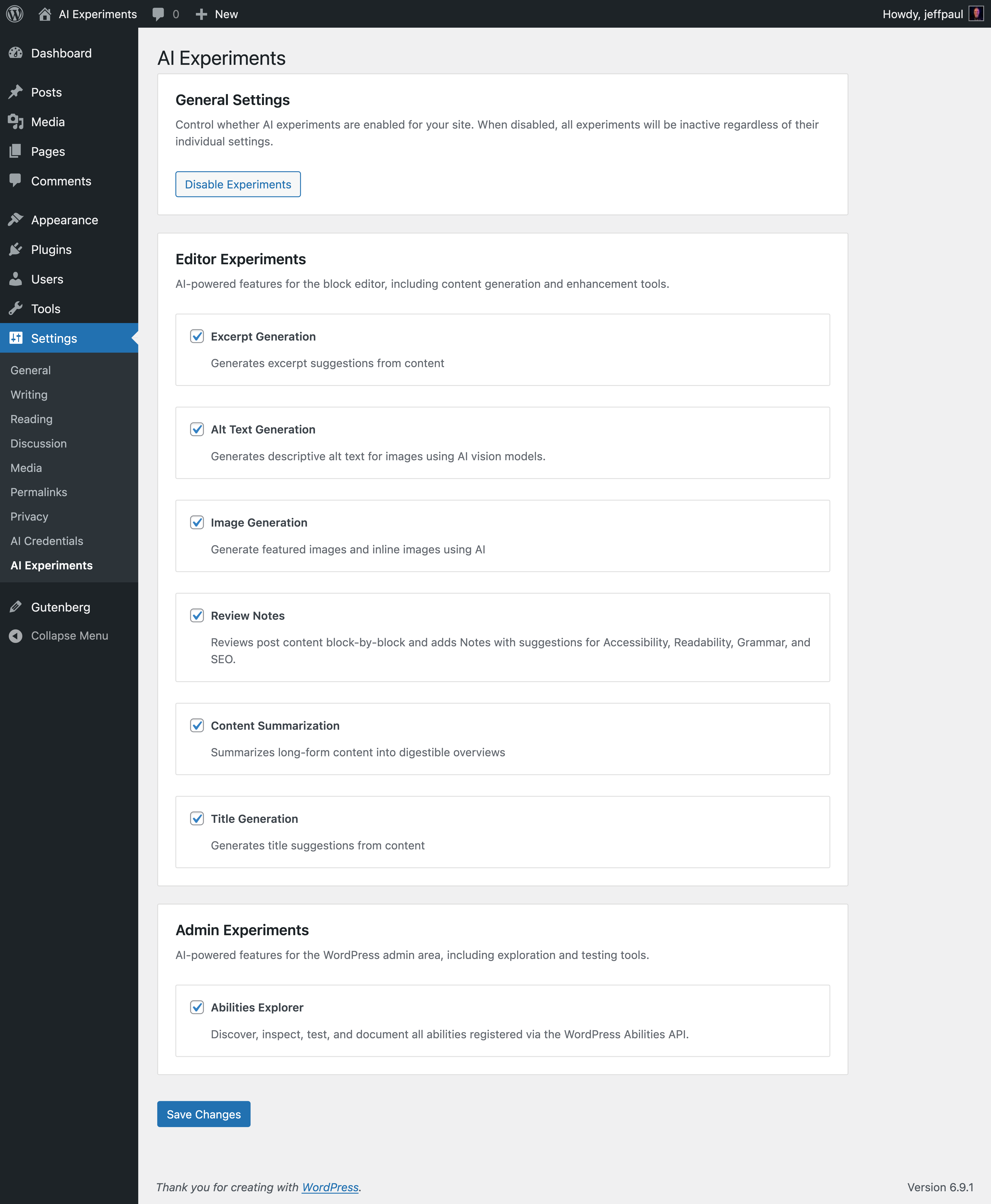 IA settings screen showing toggles to enable specific experiments.