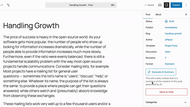 Post editor sidebar showing Generate IA Summary button and the generated content summary within a Content Summary block.