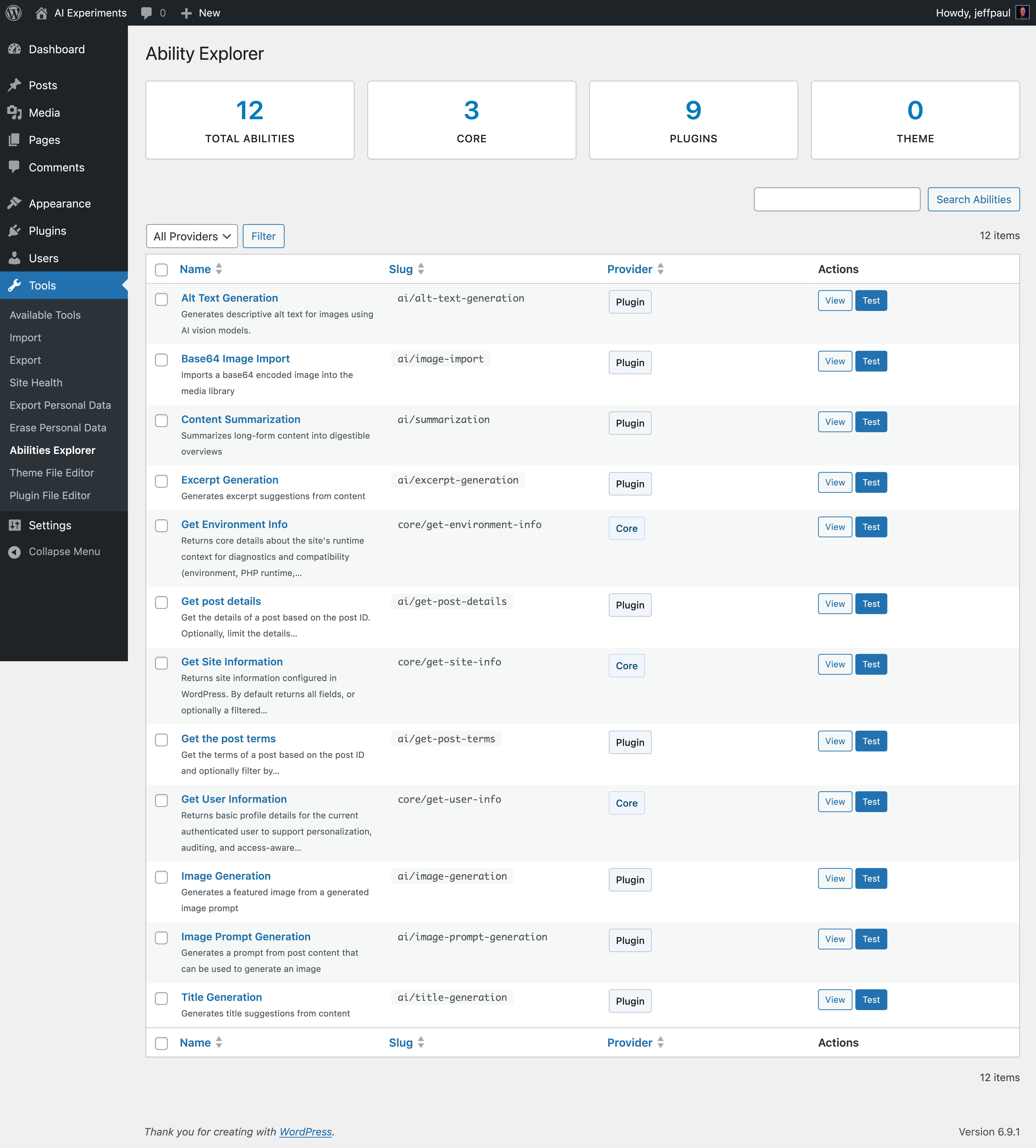 Abilities Explorer admin screen listing available IA abilities with filters, providers, and test actions.