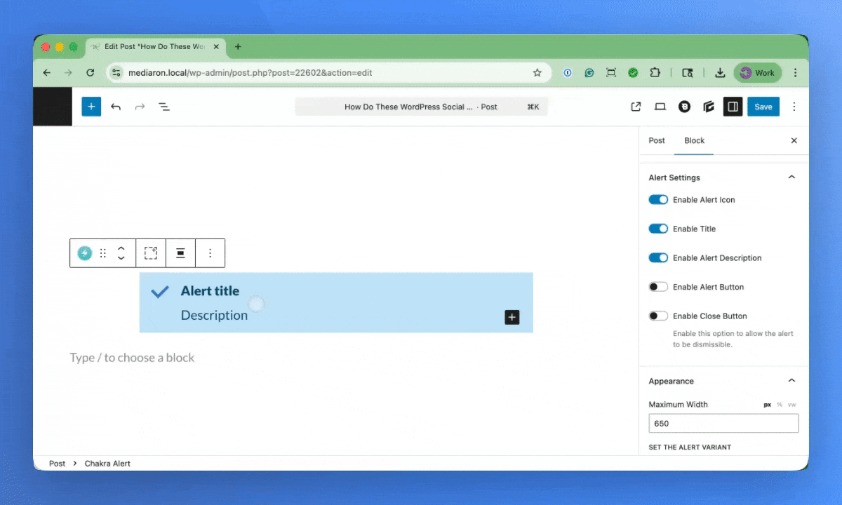Edit the icon, add an alert button, and create a dismissible alert easily in Gutenberg (the Block Editor).