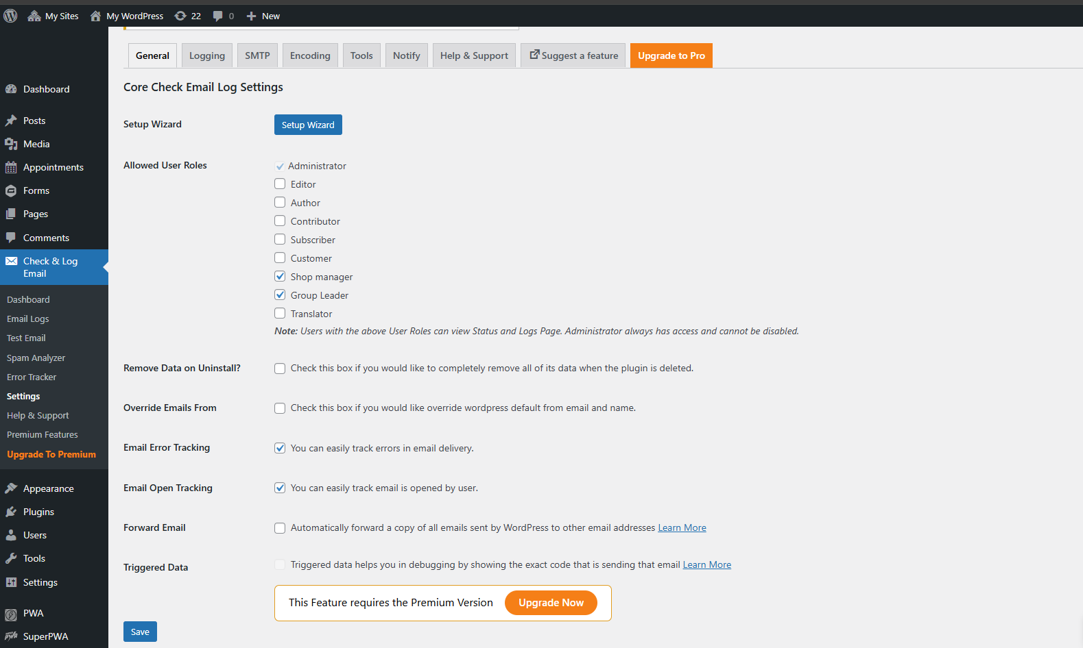 Check & Log Email - General settings setup page