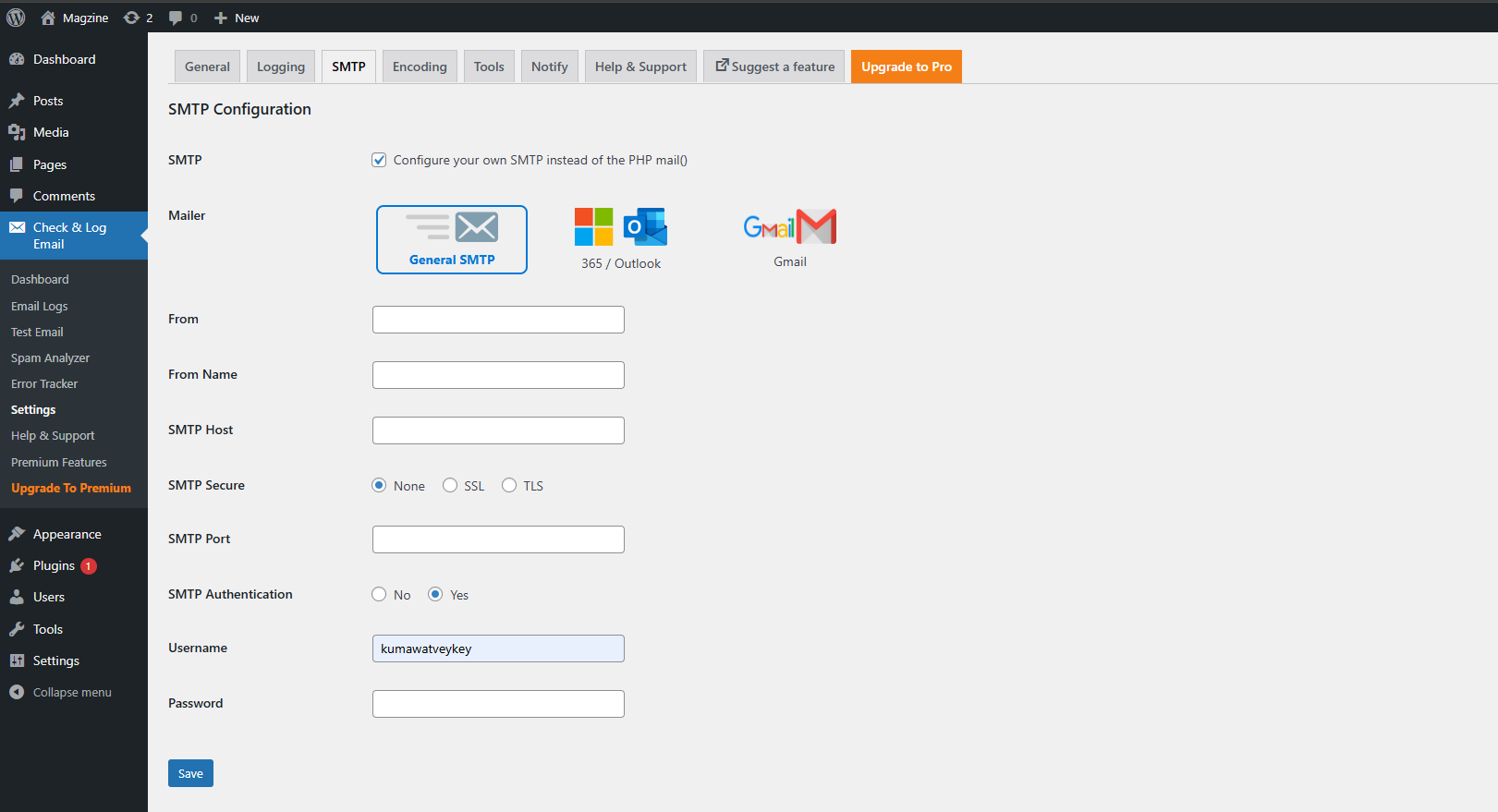 Check & Log Email - SMTP Configuration