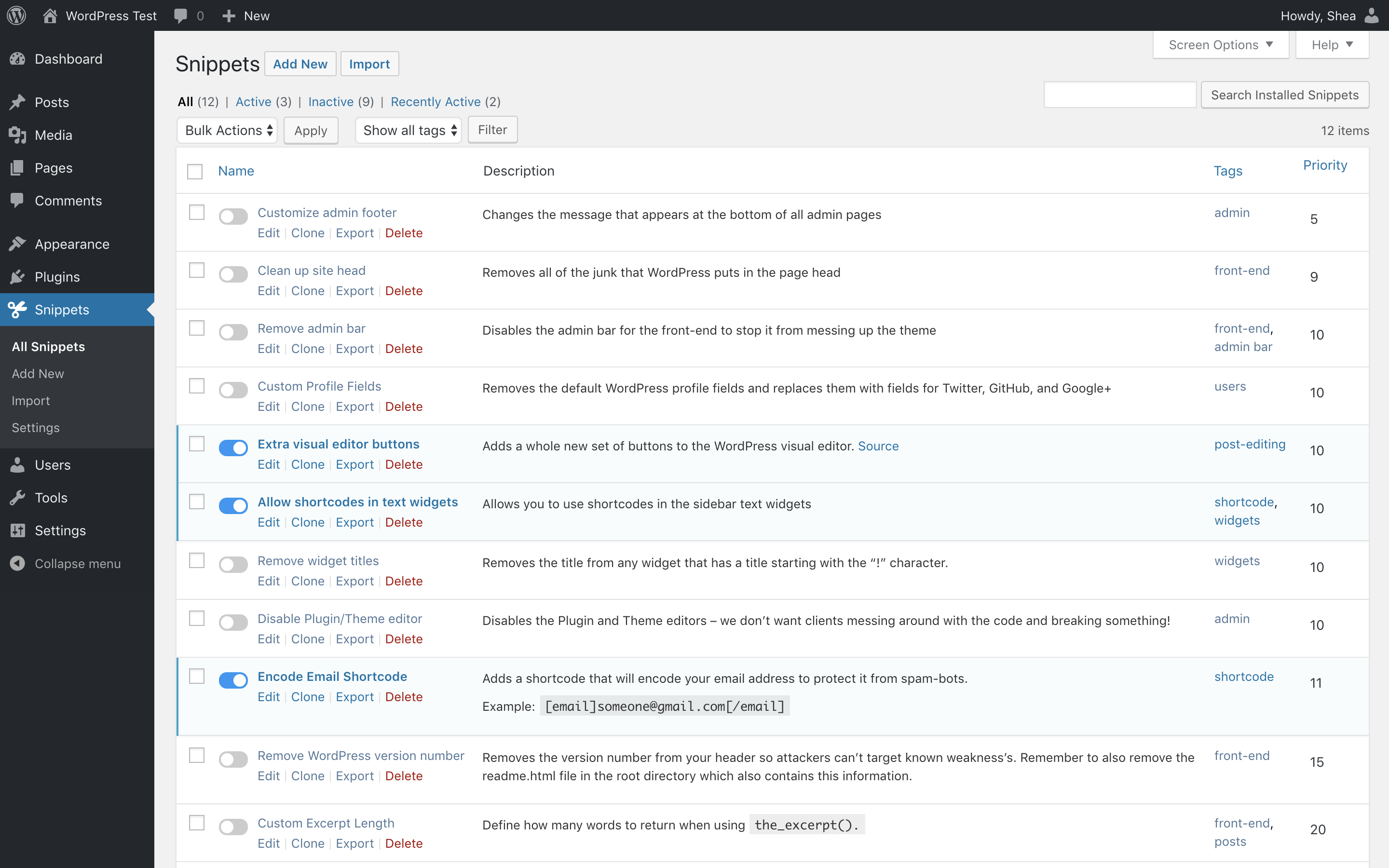 Managing existing snippets