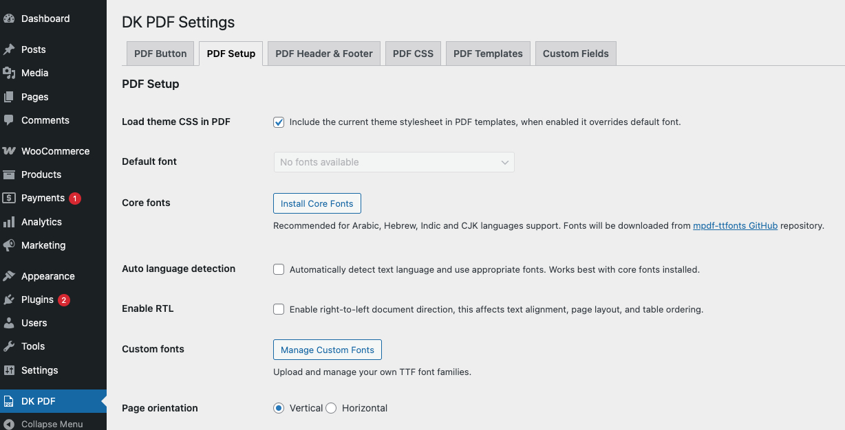 PDF Setup settings