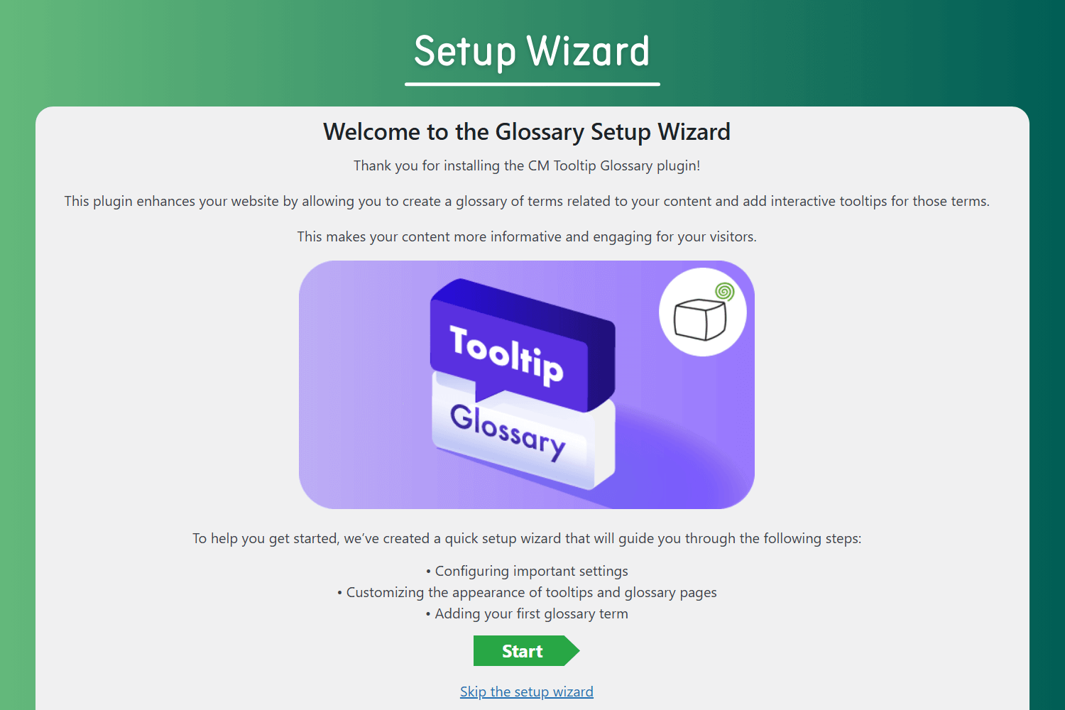WordPress Glossary Setup Wizard - Guided configuration for quick and easy plugin setup