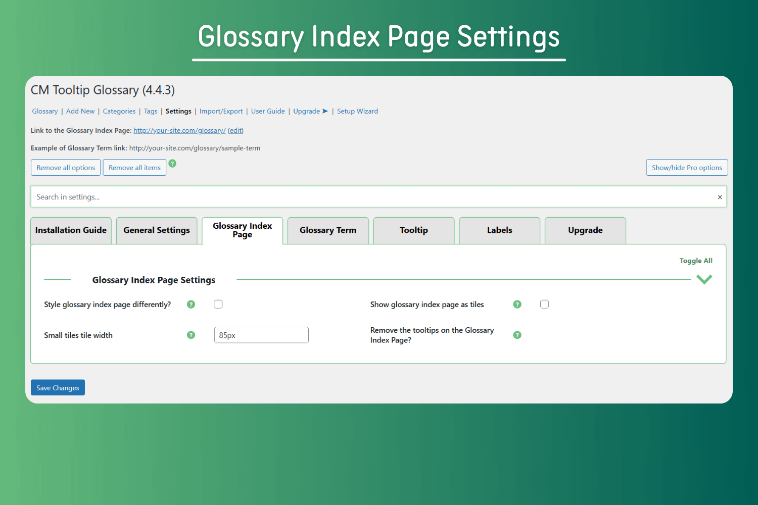 Glossary Index Settings - Customization panel for structuring and displaying glossary index pages