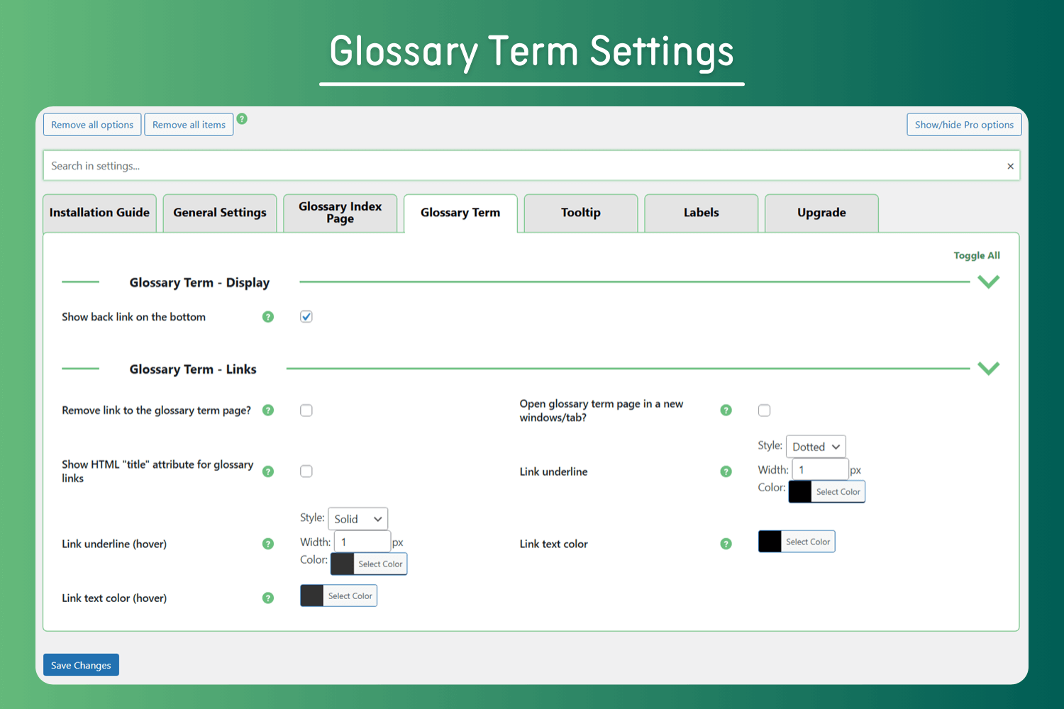 WordPress Glossary Term Settings - Detailed options for defining and styling individual glossary terms