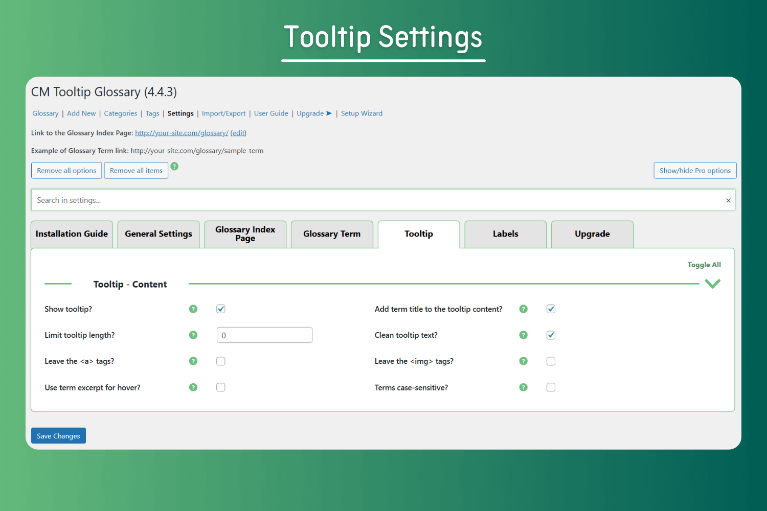 Glossary Tooltip Settings - Advanced customization of tooltip appearance, behavior, and design