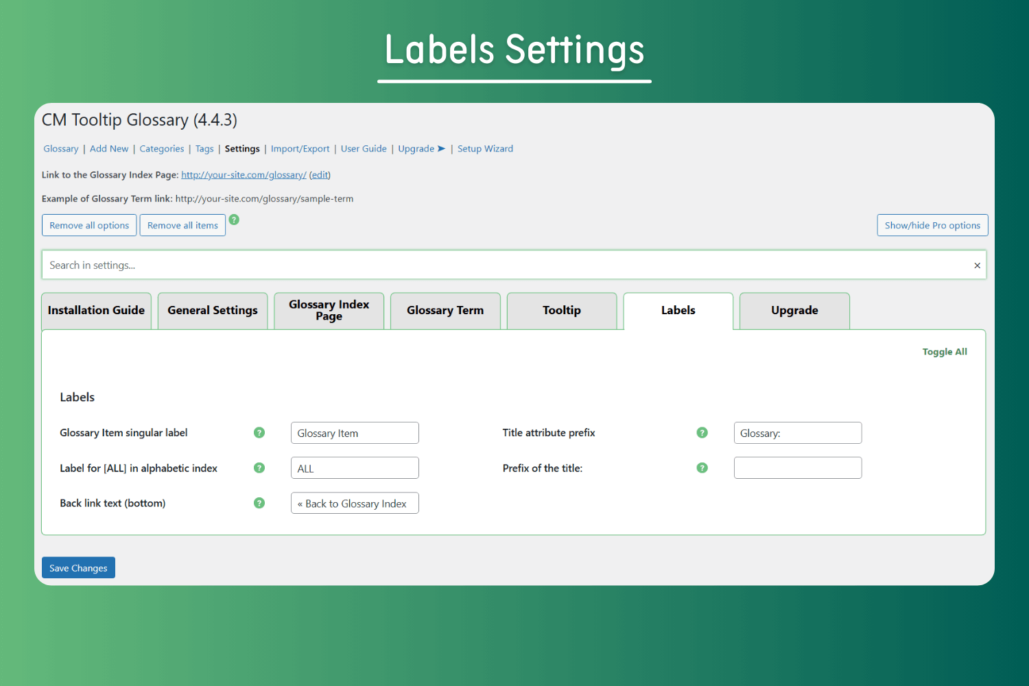 WordPress Glossary Labels - Editable front-end labels for glossary navigation and tooltips