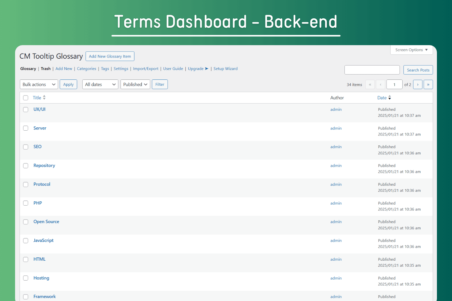 Glossary Plugin Dashboard - Centralized admin interface for managing all glossary terms