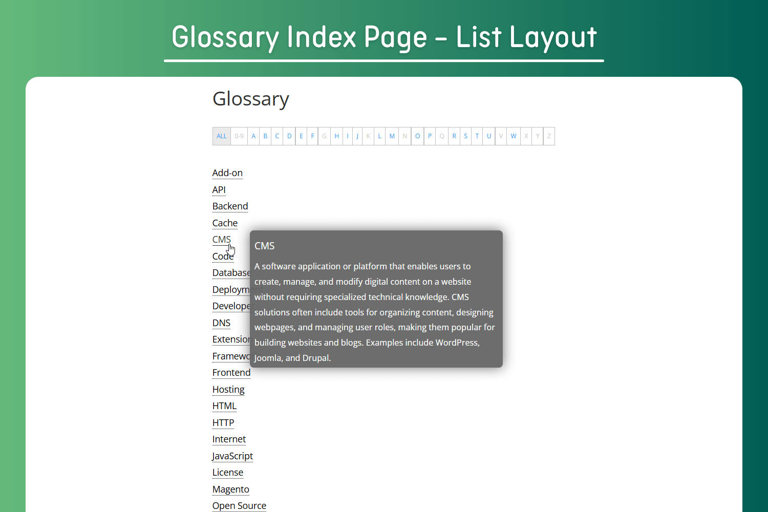 Glossary Index Page List Layout - Alphabetically organized glossary index in list format