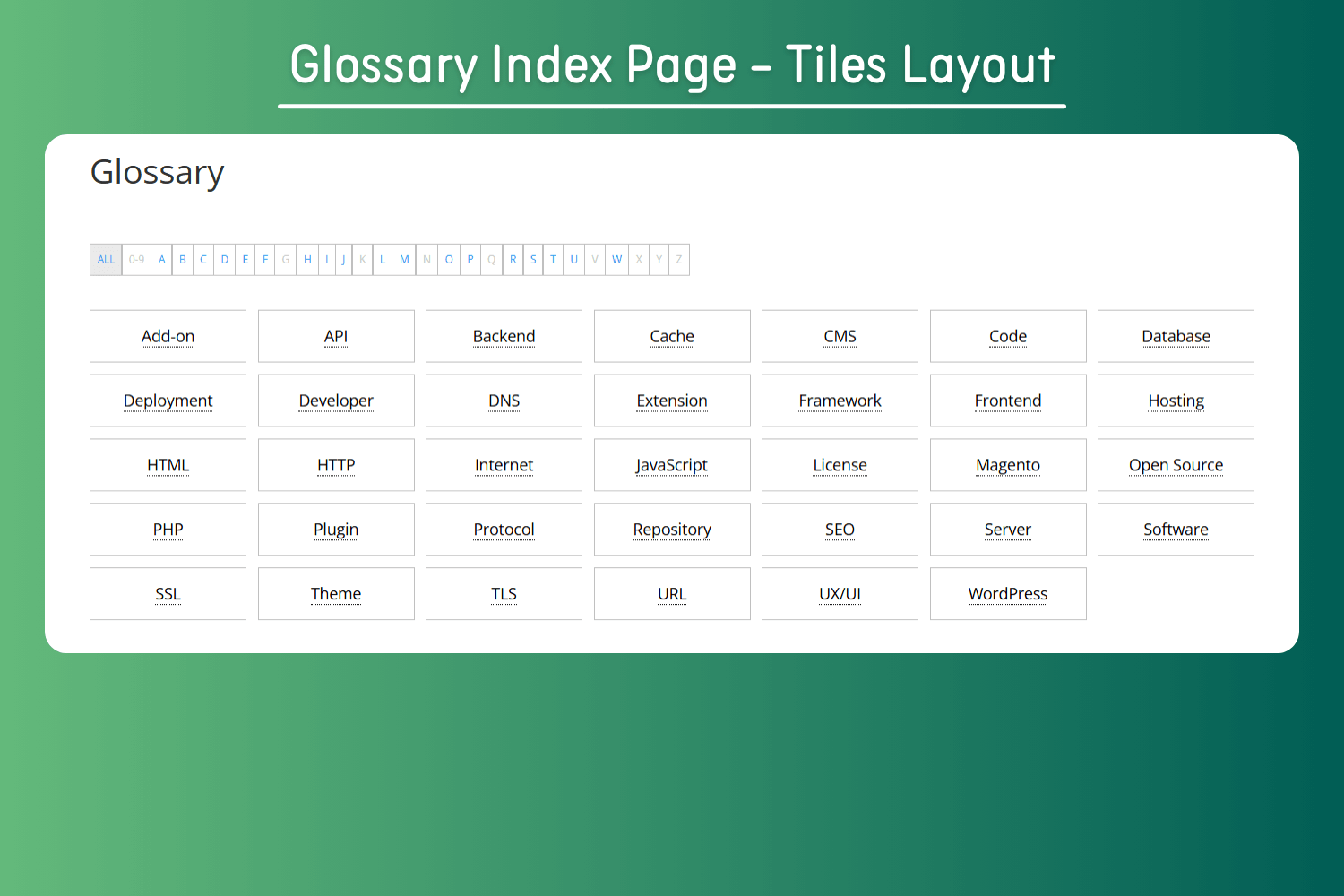 WordPress Glossary Tiles Layout - Alternative glossary index design with tile-based navigation