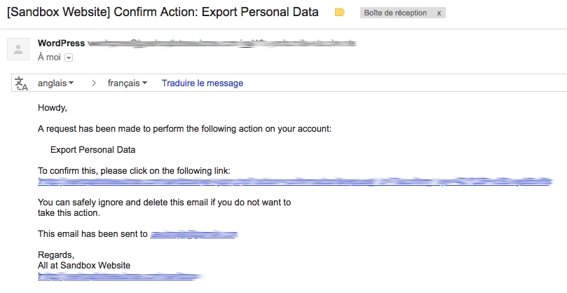 Confirmation email sent to the user/visitor.