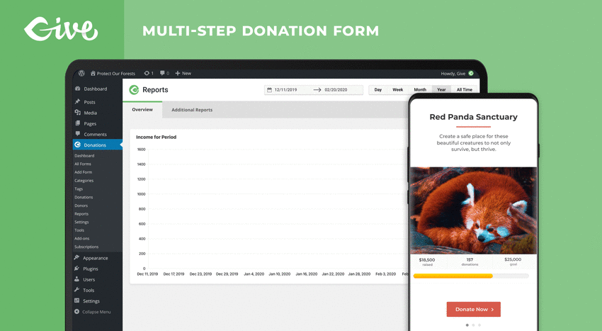 Creating powerful donation forms is easy with GiveWP. Simply install the plugin, create a new donation form, set the desired giving options, and publish!